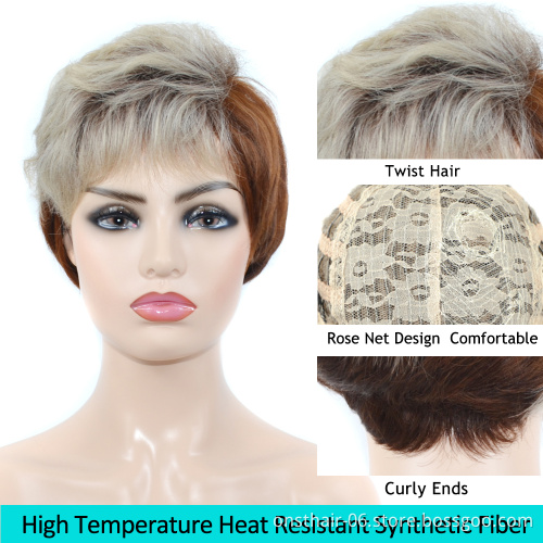 Short Wavy Curly Synthetic Bob Pixie Mushroom Short Cut Wigs Machine Made Hair Brown and White Wig for Black Women with Bangs